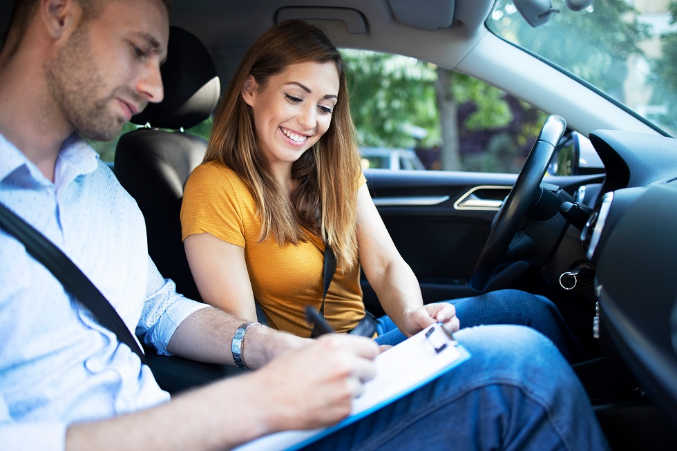 Taking,Driving,Lessons.,Car,Instructor,Explaining,City,Traffic,Rules,Before